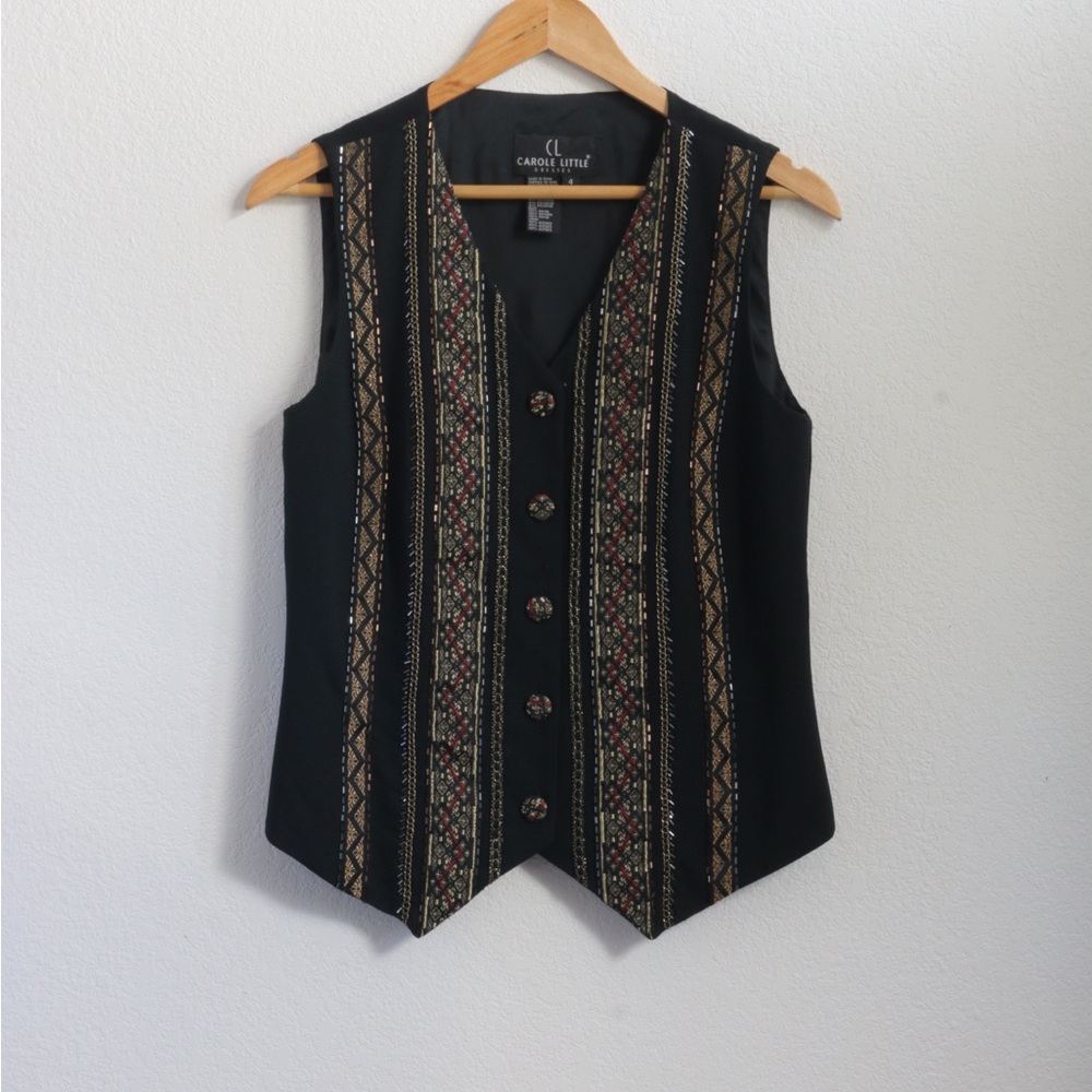 Carole Little Black Vest with Gold and Red Embroidered Stripes
